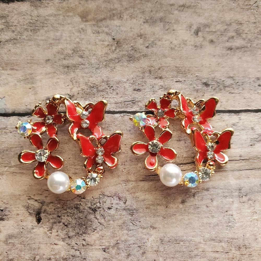 Red Halo Butterfly Crystals and Pearl Post Earring